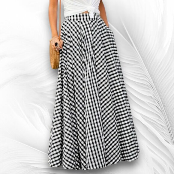 Black & White Gingham Maxi Skirt A-Line High Waist A-Line with Pockets - Picture 1 of 8